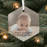 Moderne minimalistische fotobekleding zwarte tekst glas ornament<br><div class="desc">Viel de eenvoudige vreugde van de feestdagen met een van de douanefornament hexagon-vormige glazen versiering. Het afbeelding en alle tekst op deze sjabloon zijn eenvoudig aan te passen en bevatten alle formuleringen, zoals prettige kerstdagen, Mijn eerste kerstdagen, Beste vrienden, kinderen en familienamen, enz. (AFBEELDING PLACEMENT TIP: een gemakkelijke manier om...</div>