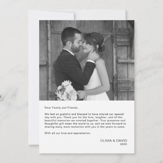 Moderne minimalistische fotobruiloft bedankkaart (Achterkant)