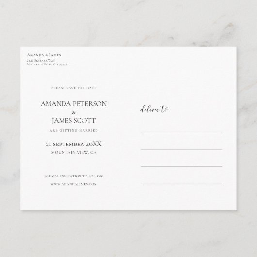 Moderne minimalistische fotobruiloft bespaart datu aankondigingskaart (Achterkant)