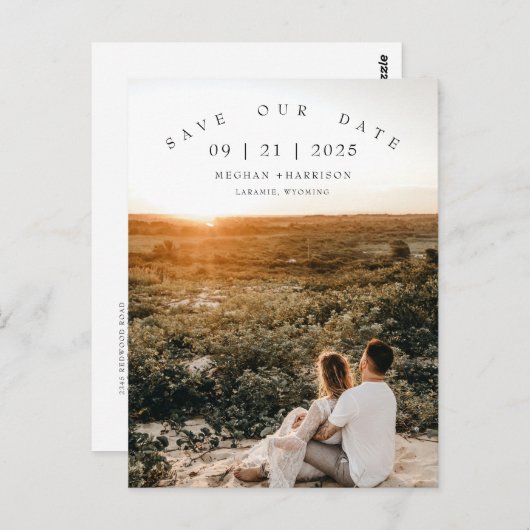 Moderne minimalistische fotobruiloft bespaart datu briefkaart (Voorkant / Achterkant)