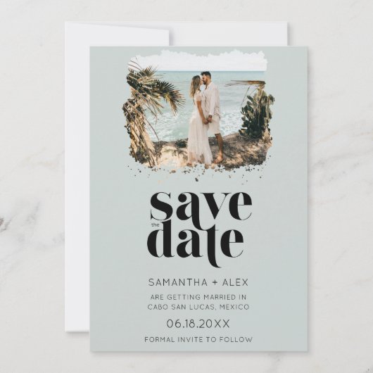 Moderne minimalistische fotobruiloft bespaart datu save the date (Achterkant)