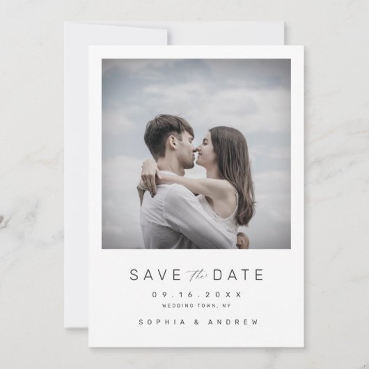 Moderne, minimalistische fotobruiloft bespaart de  save the date (Voorkant)