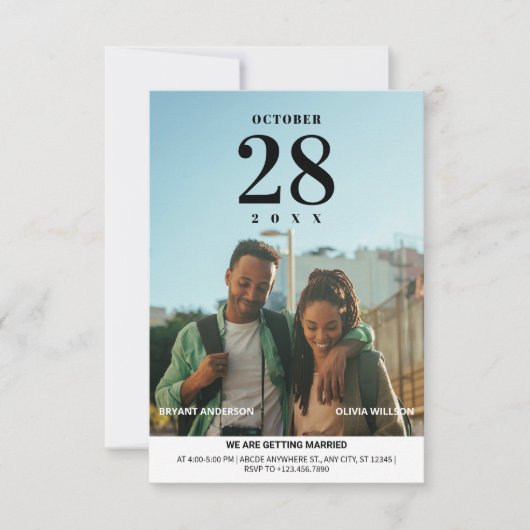 Moderne, minimalistische fotobruiloft kaart (Voorkant)