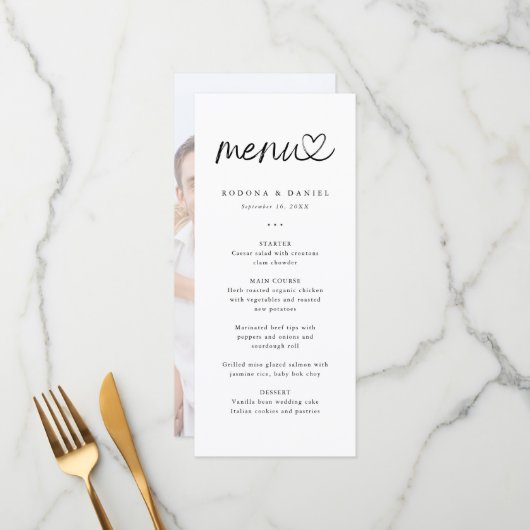 Moderne minimalistische fotobruiloft menu (Voorkant / Achterkant in situ)