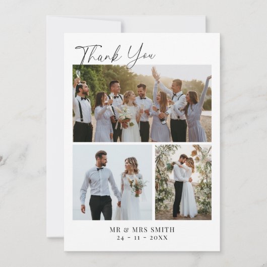 Moderne minimalistische fotocollage bruiloft bedankkaart (Voorkant)