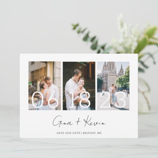 Moderne minimalistische fotocollage slaat de datum aankondiging (Staand voorkant)