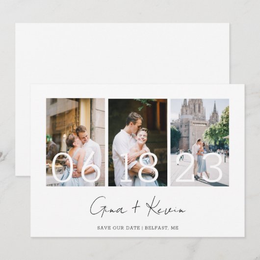 Moderne minimalistische fotocollage slaat de datum aankondiging (Voorkant / Achterkant)