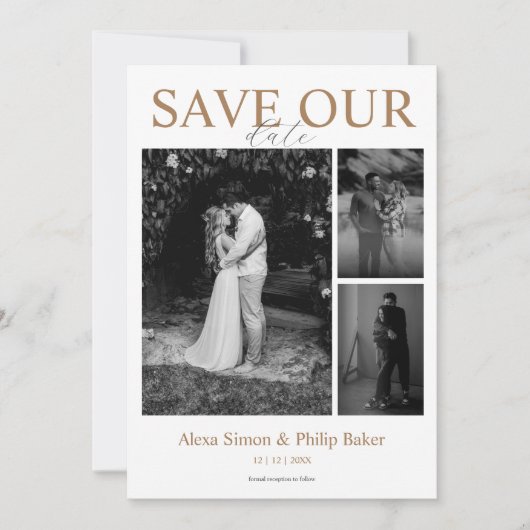 Moderne minimalistische fotocollage slaat de datum kaart (Voorkant)