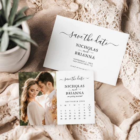 Moderne minimalistische fotokalender witbruiloft save the date