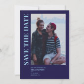 Moderne minimalistische fotomarineverbinding blauw save the date (Voorkant)