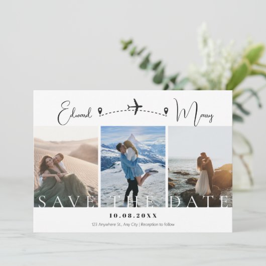 Moderne minimalistische fotoreis wereld bruiloft save the date (Staand voorkant)