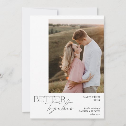 Moderne minimalistische fototypografie bruiloft save the date (Voorkant)