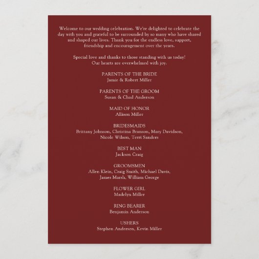 Moderne minimalistische gebladerte Crimson rode br Programmakaart (Achterkant)