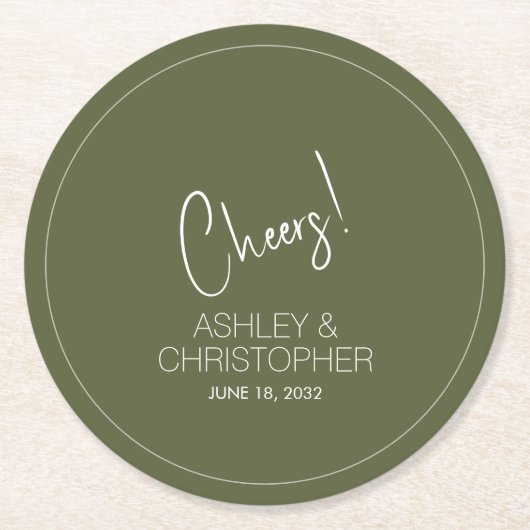 Moderne Minimalistische Gedempte Mos Bruiloft Ronde Kartonnen Onderzetter (Voorkant)