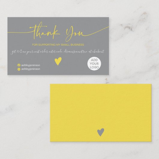Moderne minimalistische gele en grijze orde bedank visitekaartje (Voorkant / Achterkant)