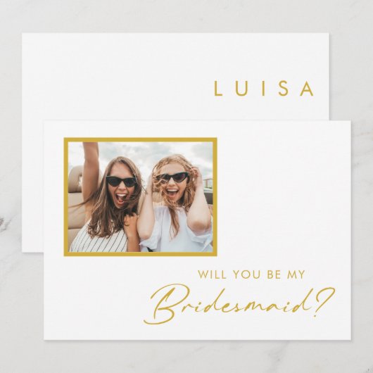 Moderne, minimalistische Gold Font Photo Bridesmai Kaart (Voorkant / Achterkant)