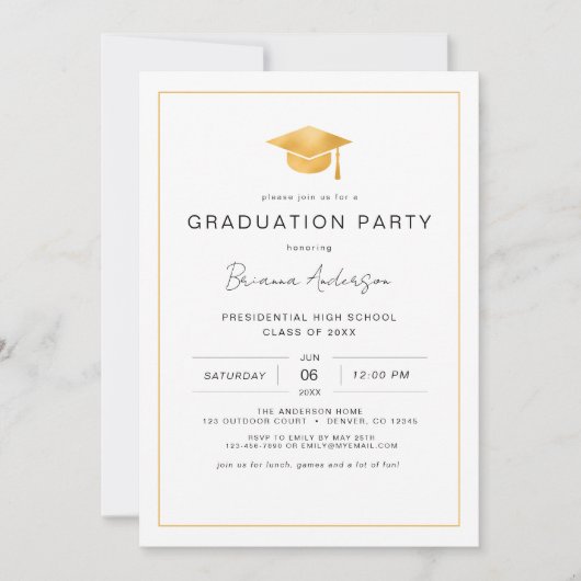 Moderne minimalistische Gold Graduation Party Kaart (Voorkant)