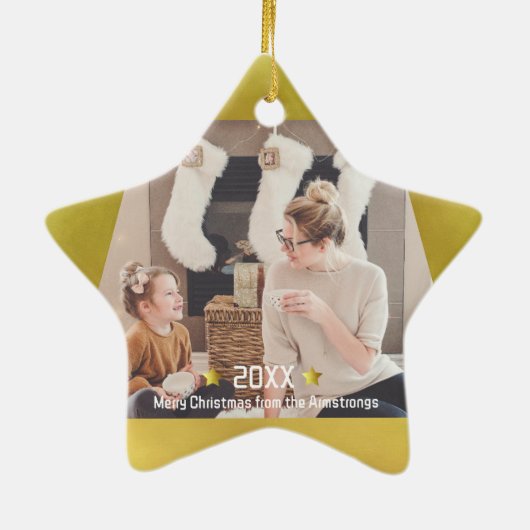Moderne minimalistische Golden Star fotoherinnerin Keramisch Ornament (Achterkant)