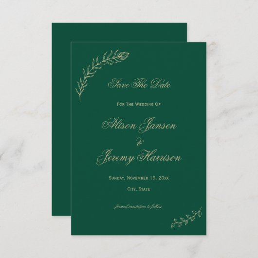 Moderne minimalistische goudbladeren en bloem save the date (Voorkant / Achterkant)