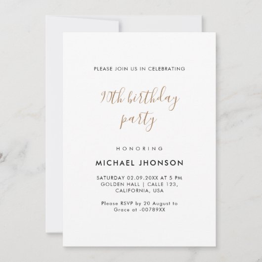 Moderne minimalistische gouden 90ste verjaardagsfe kaart (Voorkant)