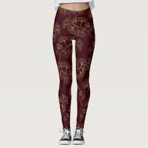Moderne Minimalistische Gouden Blad Donkerrood Leggings