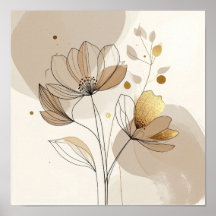 Moderne Minimalistische Gouden Bloemlijn Kunst: Ab