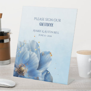 Moderne Minimalistische Gouden en Blauwe Papaver Reclamebord Met Voetstuk