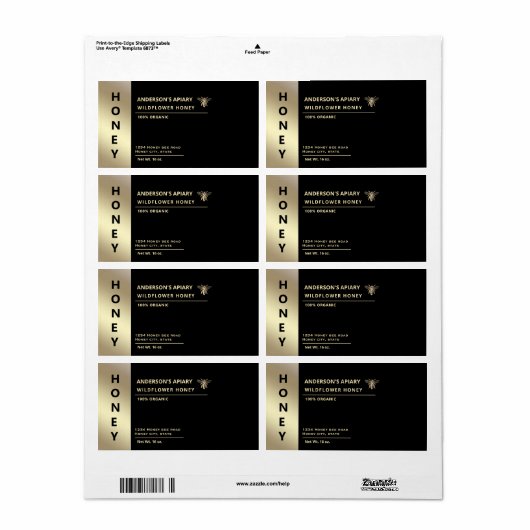 Moderne minimalistische gouden honing bij honing etiket (Full Sheet)