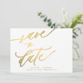 Moderne minimalistische gouden kalligrafie script save the date (Staand voorkant)
