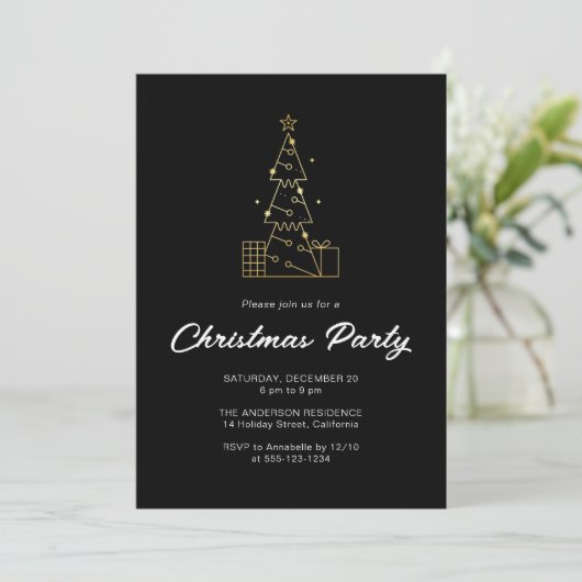 Moderne minimalistische gouden kerstboom partij zw kaart (Staand voorkant)