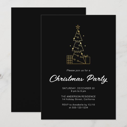 Moderne minimalistische gouden kerstboom partij zw kaart (Voorkant / Achterkant)