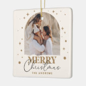 Moderne minimalistische gouden kerstfotoboog keramisch ornament (Links)