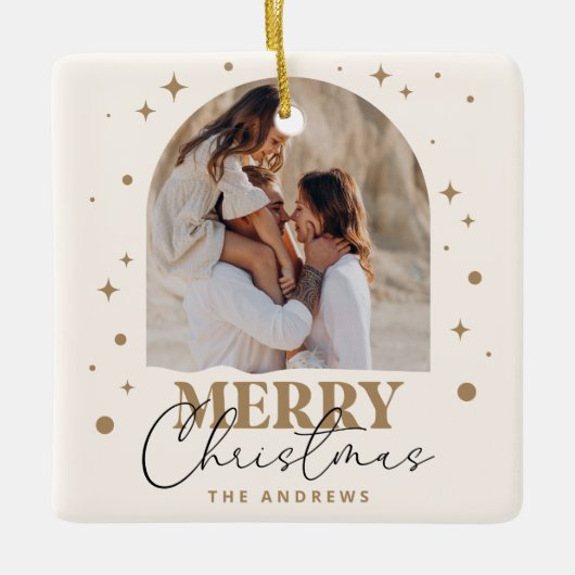 Moderne minimalistische gouden kerstfotoboog keramisch ornament (Voorkant)