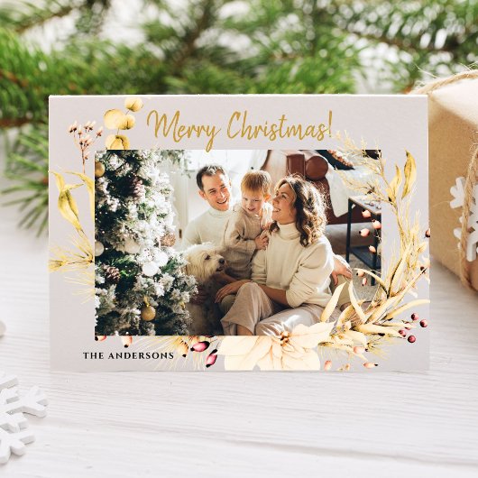 Moderne minimalistische gouden kerstfotofamilie feestdagenkaart