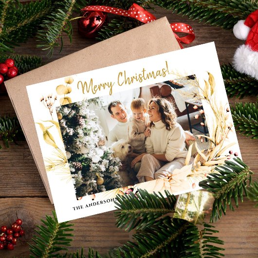 Moderne minimalistische gouden kerstfotofamilie feestdagenkaart