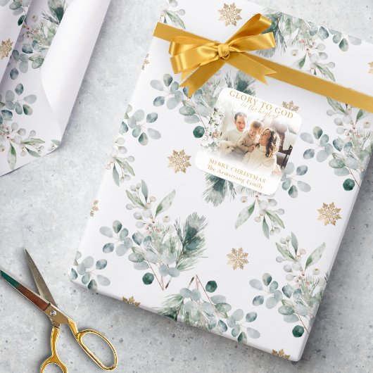 Moderne minimalistische gouden religieuze kerstfot vierkante sticker