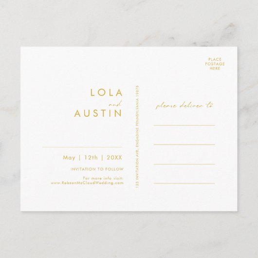 Moderne Minimalistische Gouden Save The Date-ansic Uitnodiging Briefkaart (Achterkant)