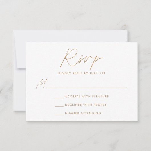 Moderne minimalistische gouden script bruiloft RSVP kaartje (Voorkant)