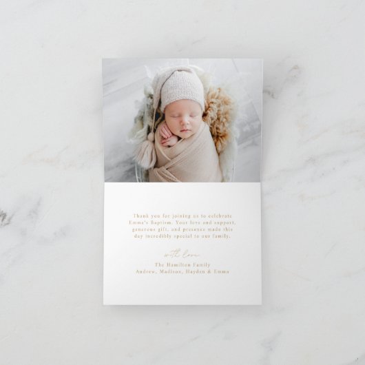 Moderne minimalistische gouden script foto doop bedankkaart (Binnen)