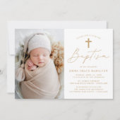 Moderne minimalistische gouden script foto doop kaart (Voorkant)