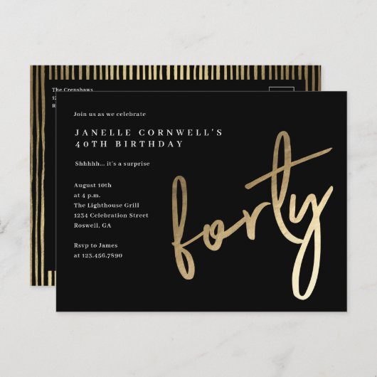 Moderne, minimalistische gouden soort 40e verjaard uitnodiging briefkaart (Voorkant / Achterkant)