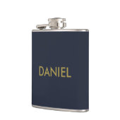 Moderne minimalistische gouden tekst marineblauw heupfles (Links)