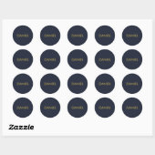 Moderne minimalistische gouden tekst marineblauw ronde sticker (Vel)