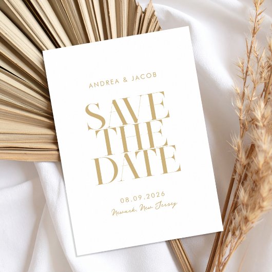 Moderne minimalistische gouden witte chique bruilo save the date