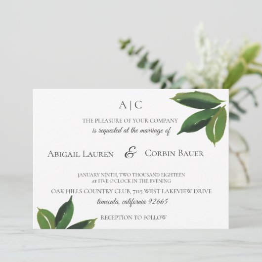 Moderne minimalistische Green Leaf bruiloft uitnod Kaart (Staand voorkant)