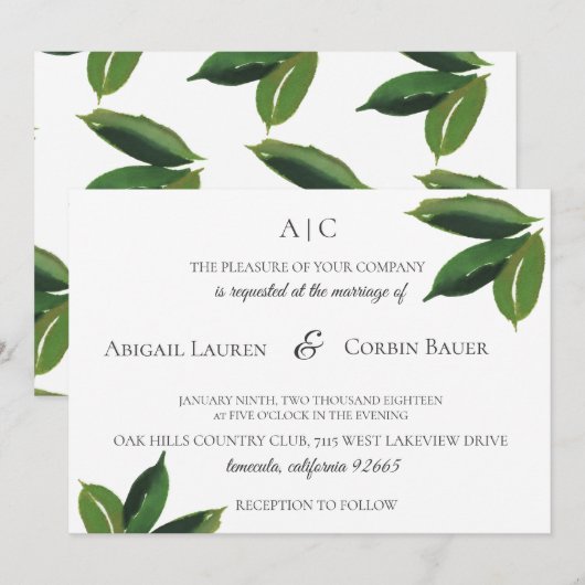 Moderne minimalistische Green Leaf bruiloft uitnod Kaart (Voorkant / Achterkant)
