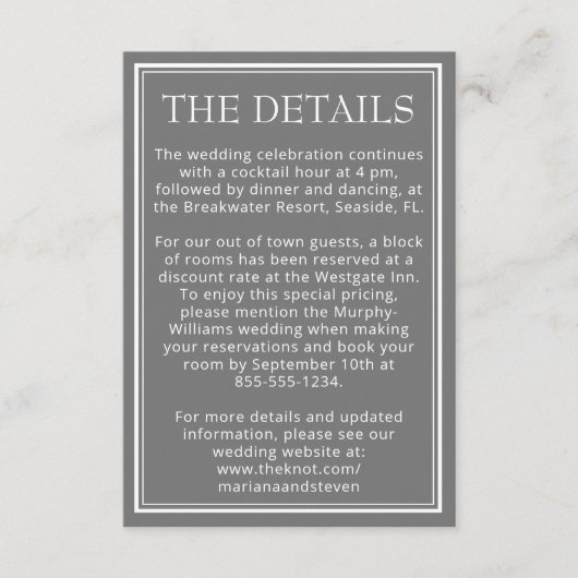 Moderne minimalistische grijze bruiloft - details informatiekaartje (Voorkant)