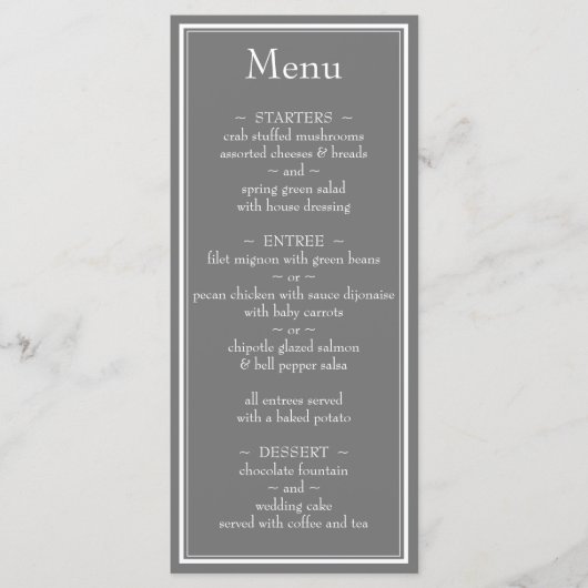 Moderne minimalistische grijze bruiloft menu (Voorkant)