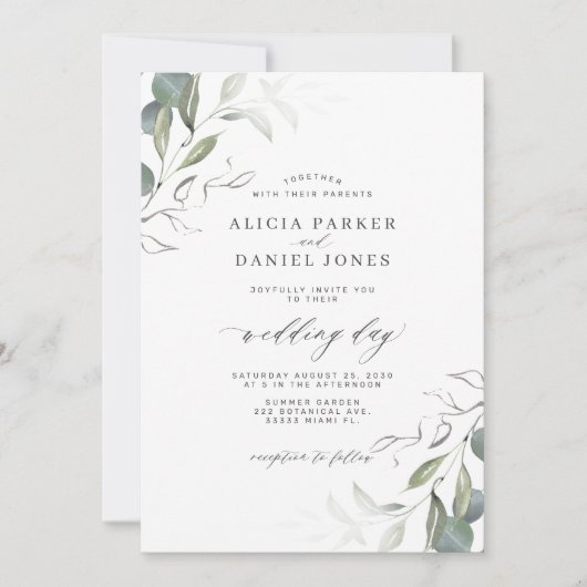 Moderne minimalistische groene blad bruiloft kaart (Voorkant)