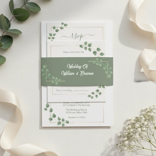 Moderne Minimalistische Groene Blad Bruiloft Uitnodigingen Wikkel